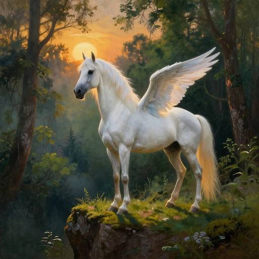 Digital painting of a majestic white Pegasus with wings, standing on a mossy cliff at sunset in a dense forest.
