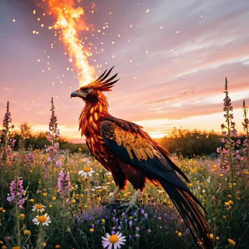 Fiery Phoenix on Wildflowers at Sunset