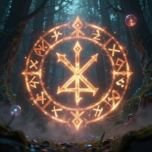 Photorealistic CGI image of glowing, circular rune-like symbol with fiery runes in a dark, misty forest, surrounded by floating bubbles.