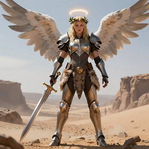 Haloed Angelic Warrior on Desert Cliff