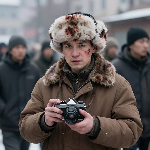 Focused Man with Bloodied Fur Hat