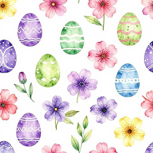 Watercolor illustration of colorful Easter eggs and flowers: pink, purple, yellow, green eggs with patterns, surrounded by pink, purple, yellow flowers on
