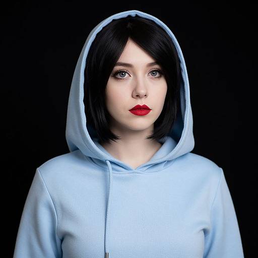 Photograph of a pale-skinned woman with black bob haircut, wearing a light blue hoodie with hood up, against a black background. She has bright