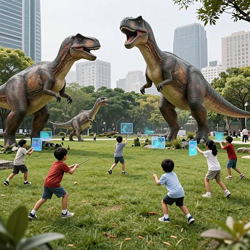 Photograph of children in a park, using toy dinosaurs to mimic a battle scene with large, holographic dinosaur projections in the background. Urban skyline and