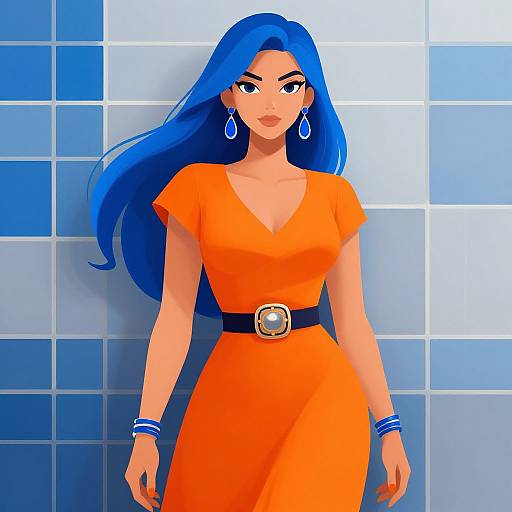 Digital illustration of a confident woman with long blue hair, wearing an orange dress with a black belt, blue earrings, and bracelets, standing against a blue
