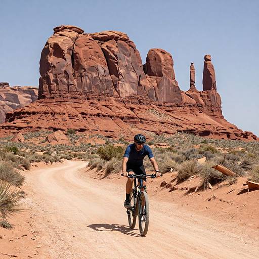 Cyclist on Dusty Red Rock Trail