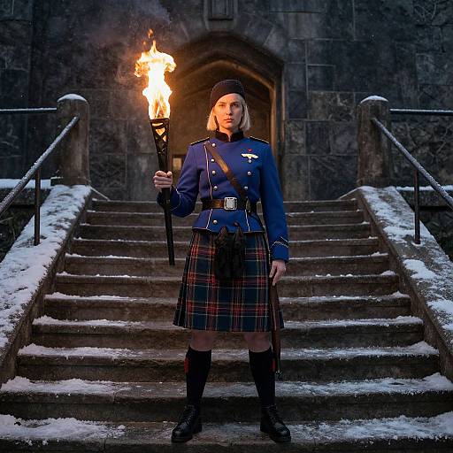 Photograph of a woman in a blue military-style jacket, red plaid skirt, and black boots, holding a flaming torch on snow-covered stone steps