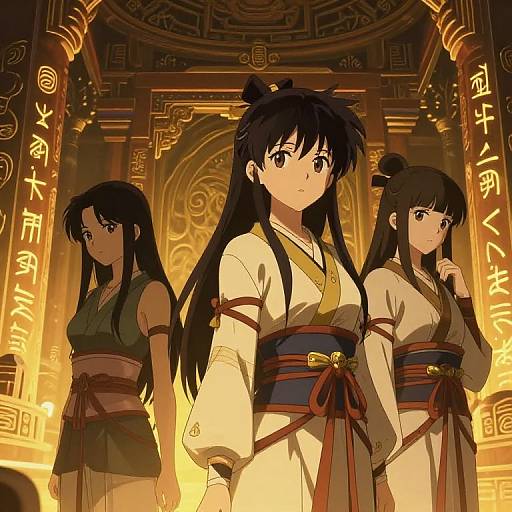 Digital anime illustration of three Japanese women in traditional white and green kimonos, standing in a glowing, ornate temple.