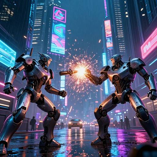 Digital artwork of two metallic robots in a neon-lit, futuristic city street, exchanging a bright, spark-filled punch under vibrant, colorful billboards.