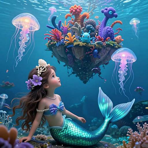 Digital art of a cute mermaid girl with purple flowers in her hair, blue-green scales, and a glowing tail, gazing at a floating coral