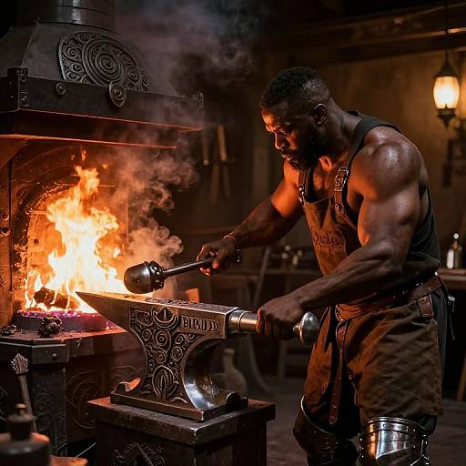 Muscular blacksmith with defined arms, wearing brown apron and tank top, hammers glowing hot metal in dimly lit forge, intense orange flames