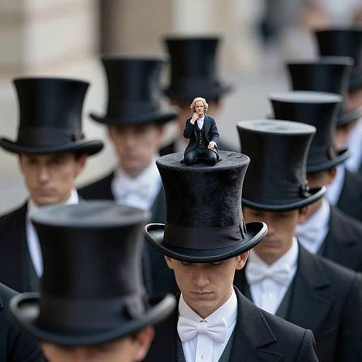 Photograph of a line of men in black top hats and white bow ties, with one man's hat featuring a miniature Abraham Lincoln figurine. Bl