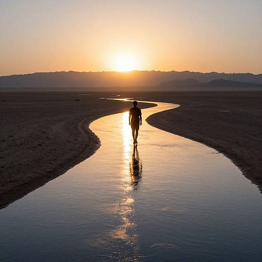 Photograph of a silhouetted person walking along a reflective water channel at sunset, with a glowing orange sky and distant mountains.