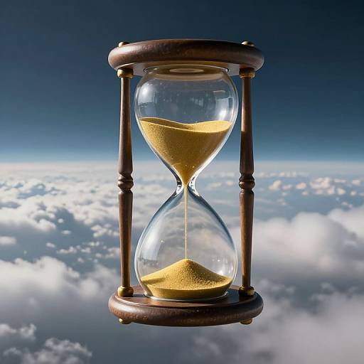 Photograph of a wooden hourglass with golden sand, suspended above a cloudy sky, against a gradient blue background.