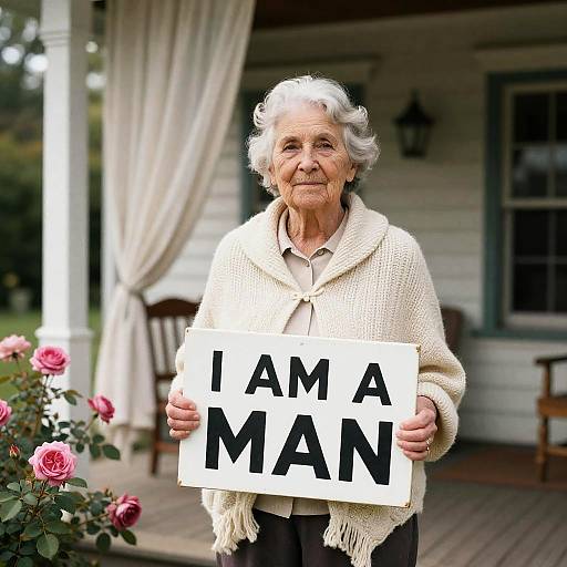 Elderly Woman with Bold Sign
