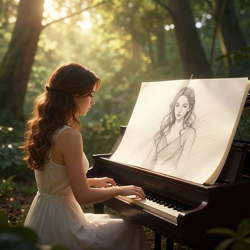 Photograph of a young woman with wavy brown hair in a white dress, playing a piano with a pencil sketch of herself on the music stand in