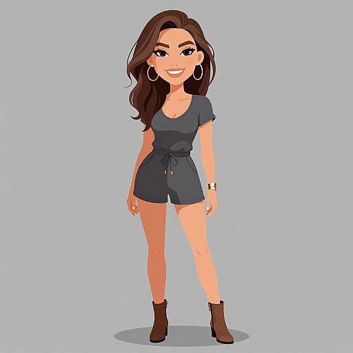 Digital illustration of a smiling woman with long brown hair, wearing a dark blue romper, brown ankle boots, hoop earrings, and a bracelet, standing