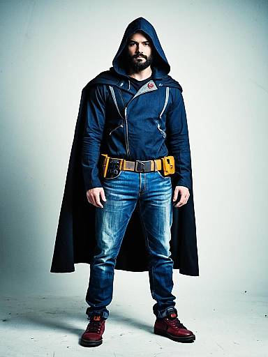 Man in Hooded Cosplay Outfit with Belt