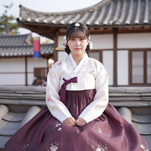 Photograph of a young East Asian woman in traditional Korean hanbok, white top with floral embroidery, maroon skirt, seated on stone steps,
