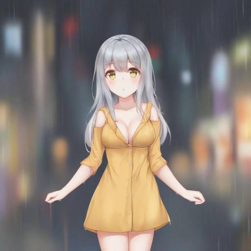 Anime Girl in Yellow Raincoat on Rainy Street