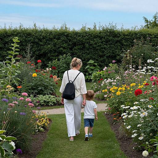 Photograph of a woman in white pants and blouse, black backpack, and a young boy in white shirt and blue shorts, walking hand-in-hand through