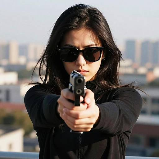 Person with Handgun in Cityscape