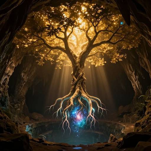 Mystical digital artwork of a glowing, golden-leaved tree with twisted roots in a dark cave, illuminated by radiant beams.