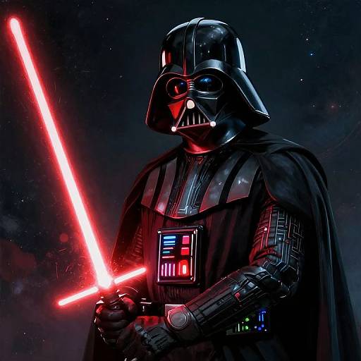 Digital art of Darth Vader holding a glowing red lightsaber against a dark, starry background, wearing his iconic black armor and cape.