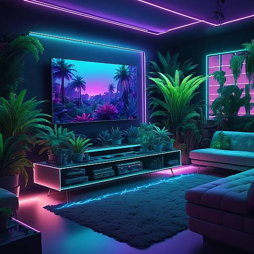 Hairy TV Room with Neon Plants