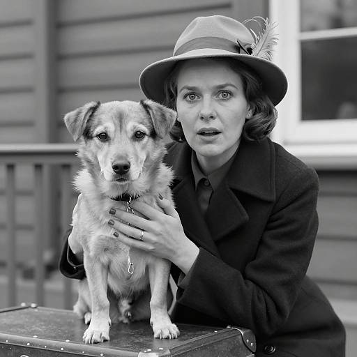 Surprised Woman with Dog in Vintage Photo