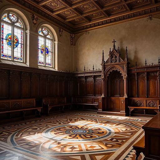 Photograph of a dimly lit, ornate church interior with stained glass windows, intricate wooden paneling, and a detailed mosaic floor. Sunlight