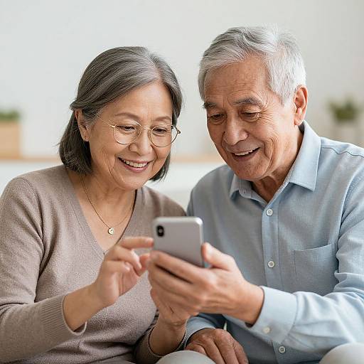 Photograph of smiling elderly Asian couple with gray hair, wearing glasses and light-colored clothes, closely looking at a smartphone.