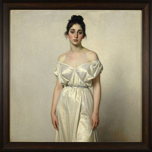 Painted portrait of a fair-skinned woman with dark hair in an updo, wearing an off-shoulder, cream-colored satin dress, standing