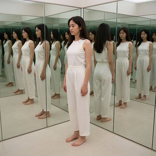 Photograph of an East Asian woman with long black hair, wearing a white sleeveless romper and barefoot, standing in front of mirrored walls,