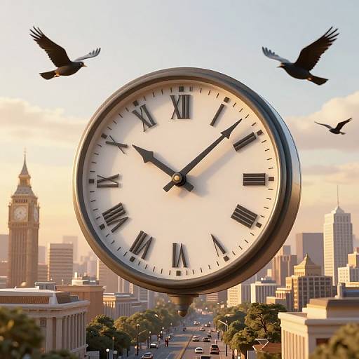 Photograph of a giant, floating clock with black Roman numerals, set against a cityscape with skyscrapers, a clock tower, and two