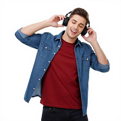 Photograph of a smiling young man with light skin, brown hair, wearing a denim shirt over a red t-shirt, listening to music with black headphones