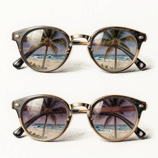Photograph of retro-style round sunglasses with black frames, gold accents, and reflective lenses featuring a tropical beach scene with palm trees and ocean waves.