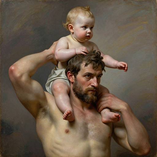 Photorealistic painting of a muscular, bearded man with a serious expression carrying a naked, chubby baby with light hair on his right shoulder.