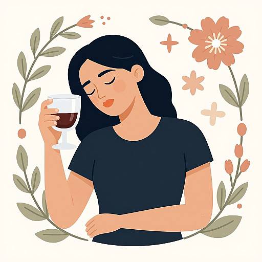 Digital illustration of a woman with long black hair, closed eyes, and a calm expression, sipping red wine, wearing a black shirt, surrounded by