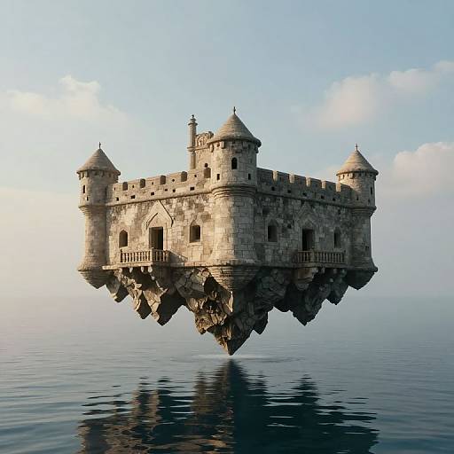 Floating medieval stone castle with four turrets, suspended above calm ocean, reflecting sunlight, against a clear blue sky. CGI artwork.