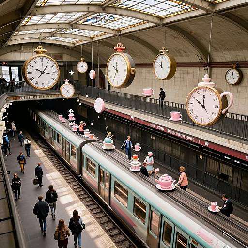 Photograph of a busy, Victorian-style train station with large, ornate clocks, people waiting, and a moving train, featuring tea sets on the