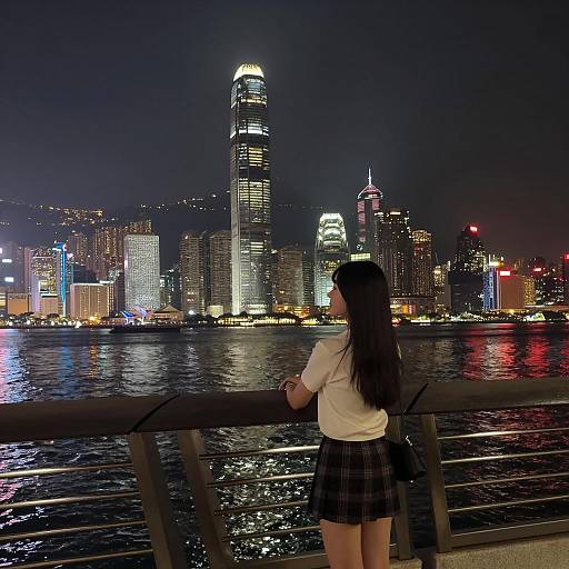 Woman by Waterfront at Night in Hong Kong
