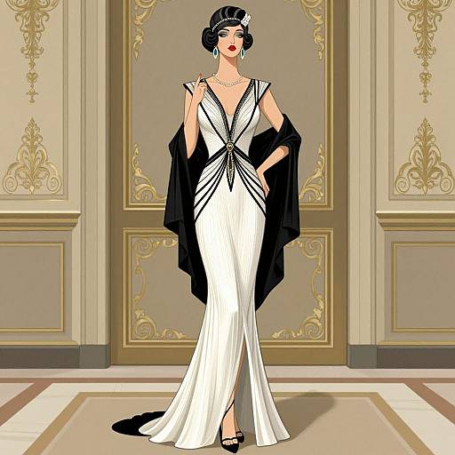 Digital illustration of a confident woman in a white, sleeveless, V-neck gown with black accents, black shawl draped over arms, standing in an