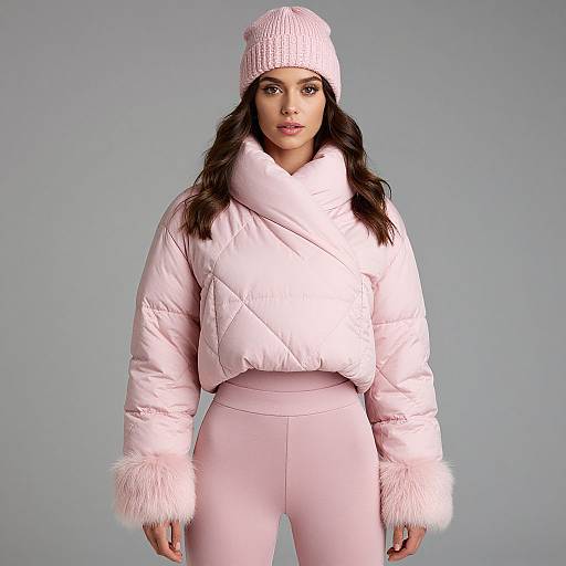 Photograph of a woman with long dark hair wearing a pink puffy jacket, matching pink beanie, and pink leggings against a gray background.