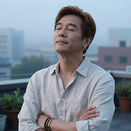 Serene East Asian Man in Urban Garden