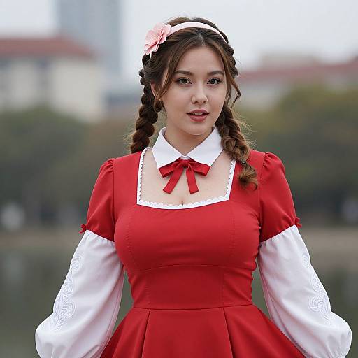 Seductive Woman in Embroidered Red Dress