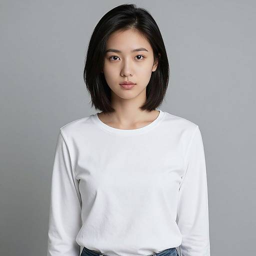 Photograph of an Asian woman with straight black shoulder-length hair, wearing a plain white long-sleeve shirt, against a plain gray background.