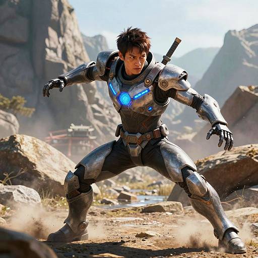 Futuristic Warrior in Dynamic Battle