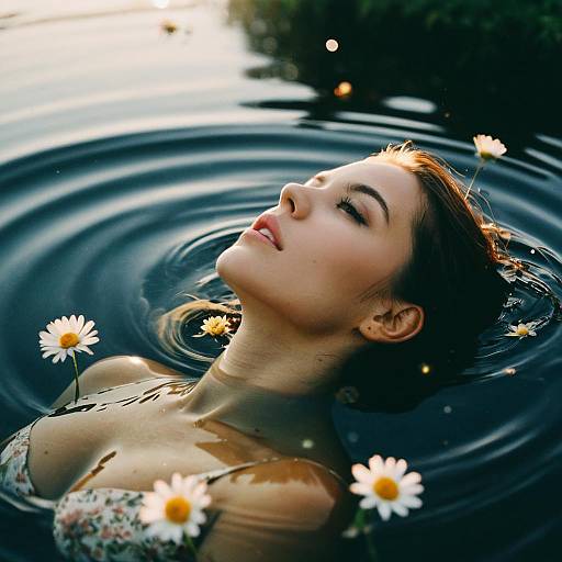 Vintage Portrait of Woman Floating in Water with Flowers