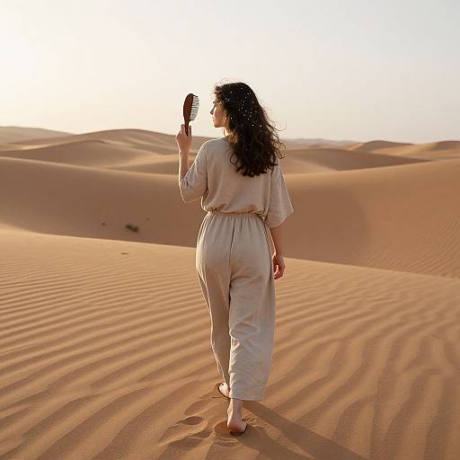 Photograph of a woman with curly black hair, wearing a loose, beige dress, walking barefoot in a golden desert, holding a small object,